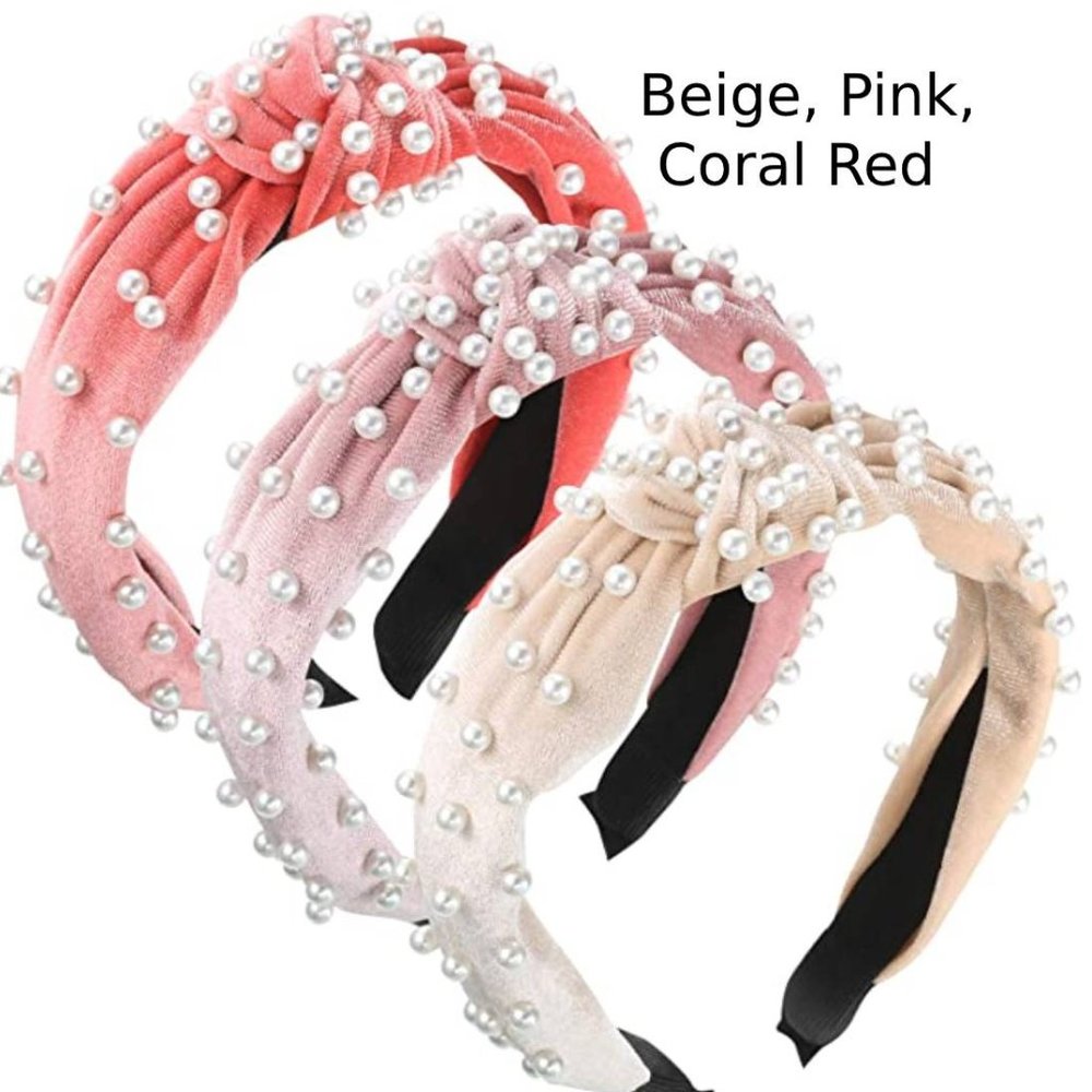 3 Pieces Pearls Headband -- Velvet Twisted Pearls